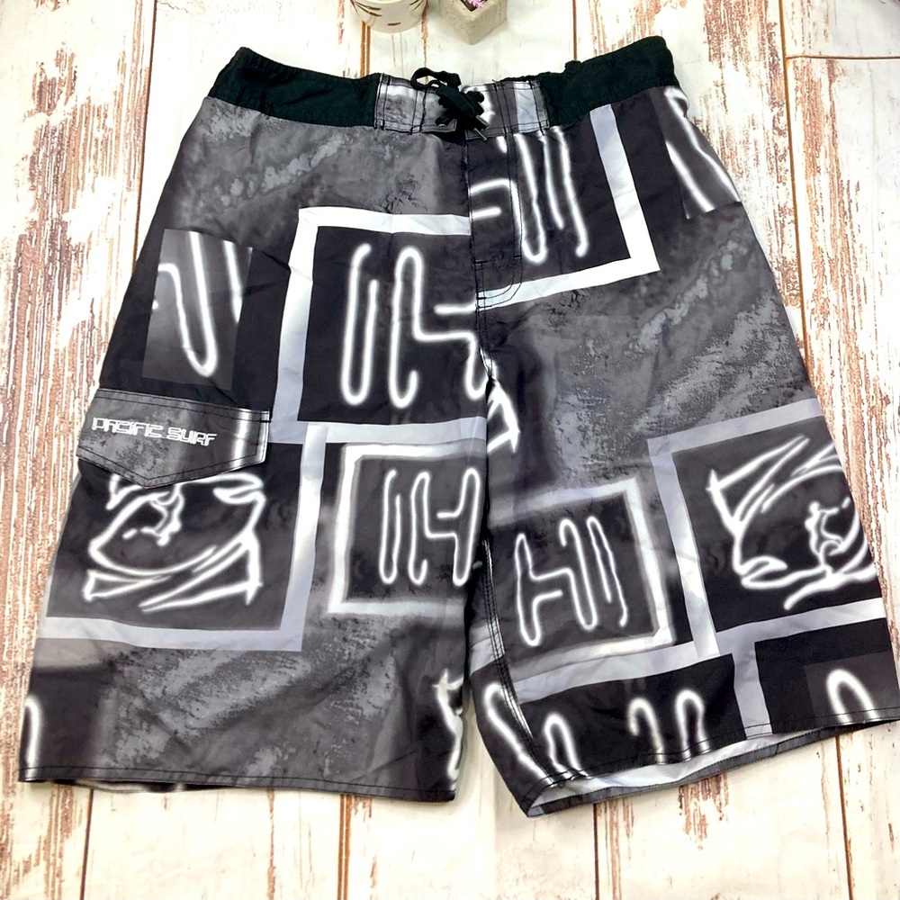 Pacific Surf Swim Trunks Black & White Sz Large